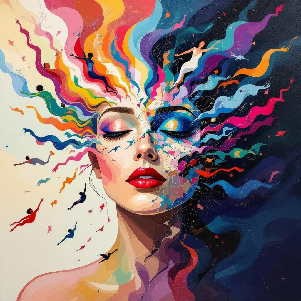 Woman's Face Breaking into a Vortex of Figures