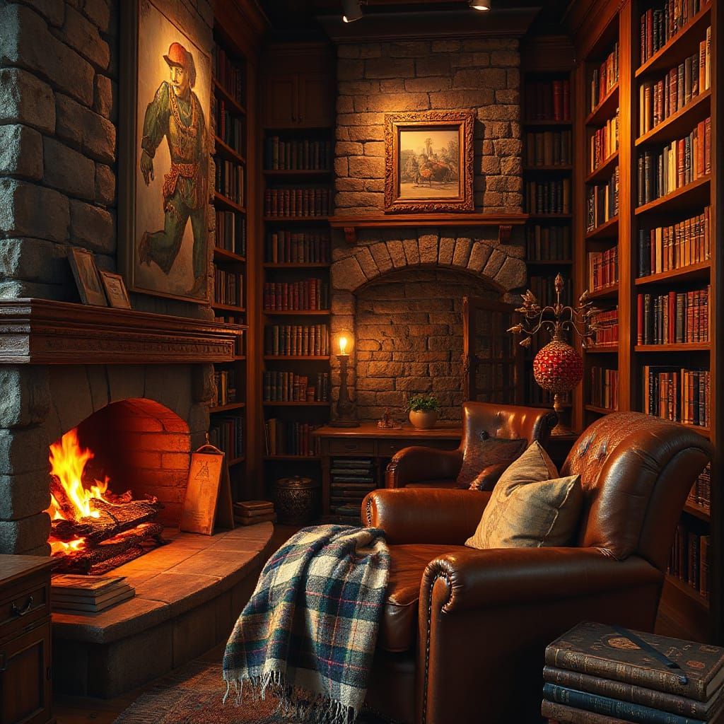 Cozy Library Corner with Fireplace