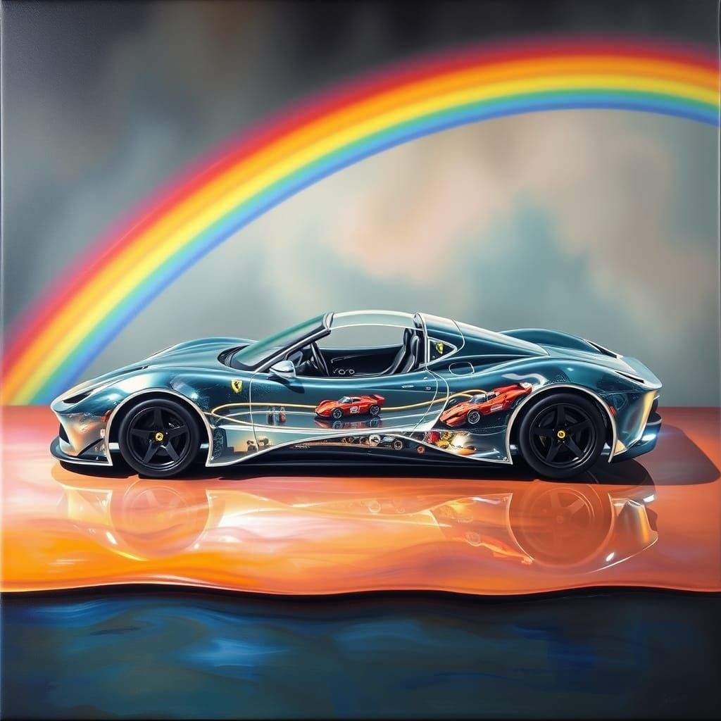 Glass Ferrari with Miniature Racetrack, Surrealist Style