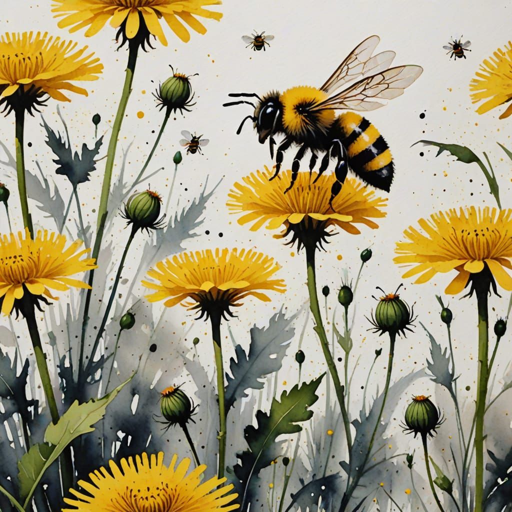 Traditional Japanese Bee and Dandelion Sumi-e Painting