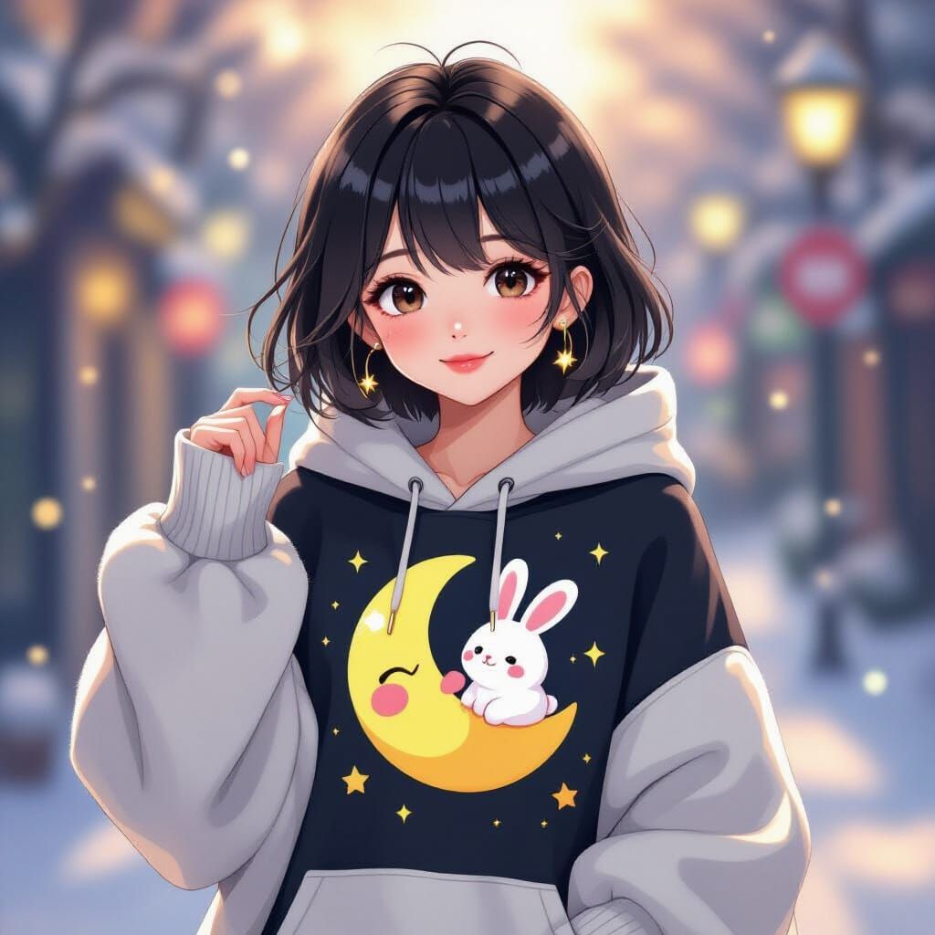 Kawaii Thai Girl in Moon Hoodie, Anime Style