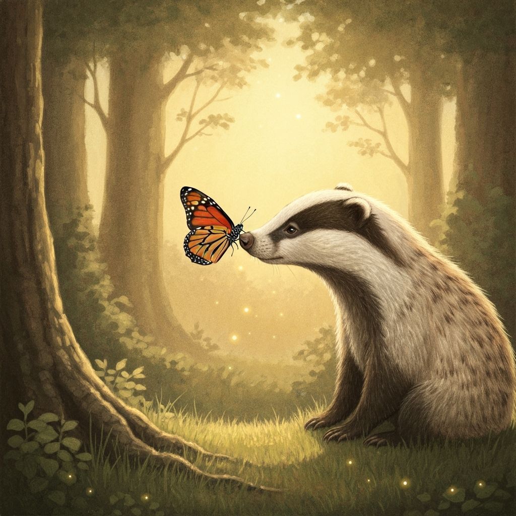 Gentle Badger and Butterfly in Golden Hour Forest