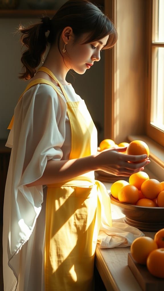 Sun-Drenched Kitchen Scene in Classical Painting Style