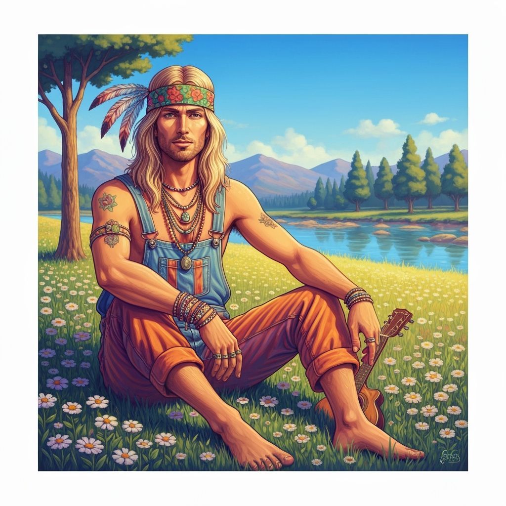 Peaceful Hippie Musician in Wildflower Field