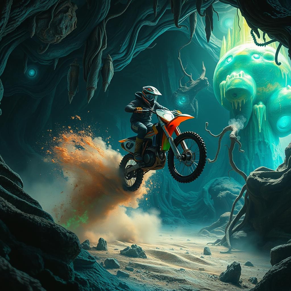 Dirtbiker in Fantastical Underground World: Matte Painting