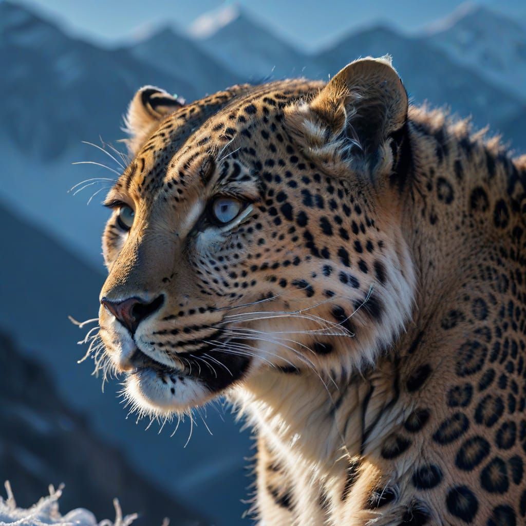 leopard paused on a windswept Himalayan ridge, crystalline breath visible in sub-zero air, moonlit fur detail, telephoto...