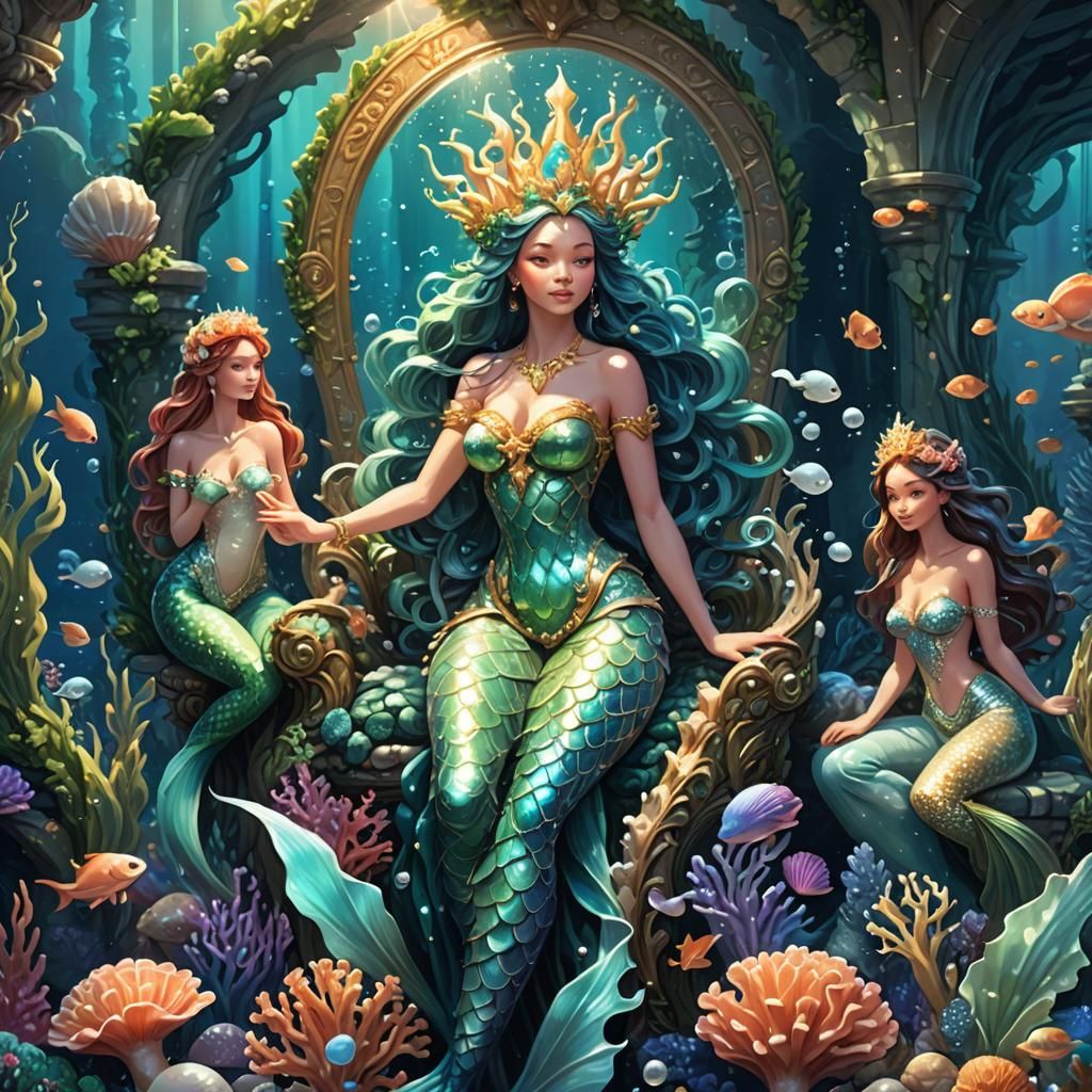Mermaids Guarding Pearl Throne: Fantasy Concept Art