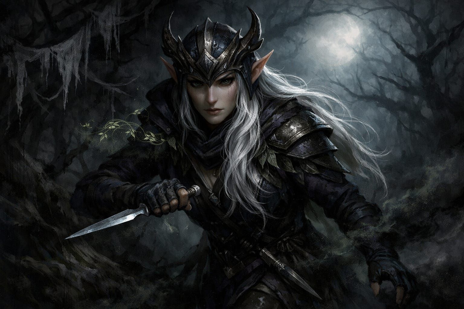 Elf Assassin Emerging From Shadow in Gloomy Forest
