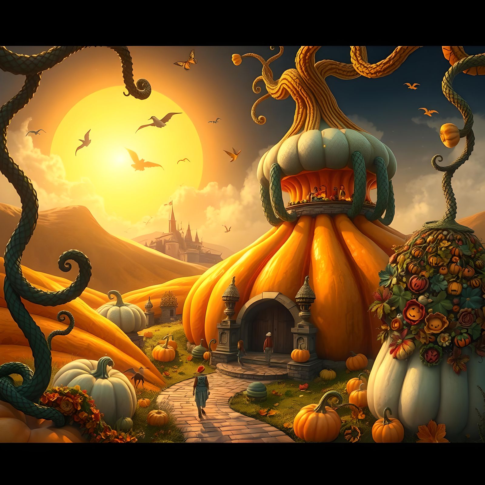 Fantastical Gourd Landscape with Pumpkin Gateway