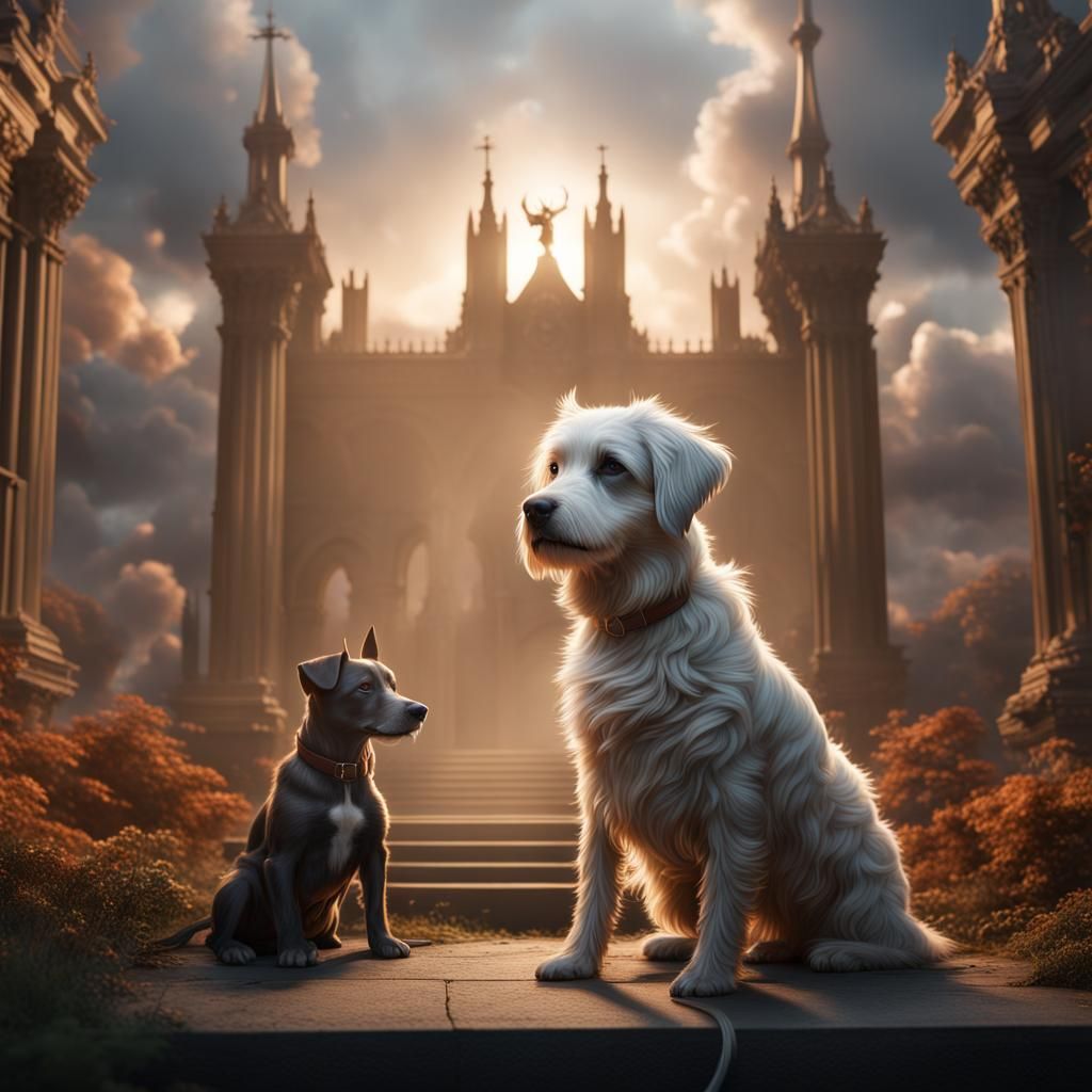 Hyperrealistic Dogs Ascending to Heaven