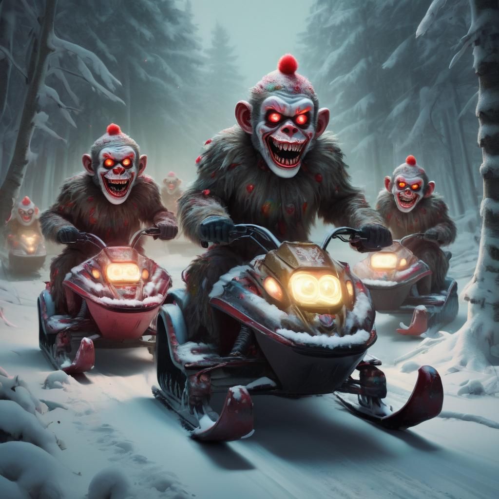 Zombie Monkey Clowns on Snowmobiles: Surreal Digital Art