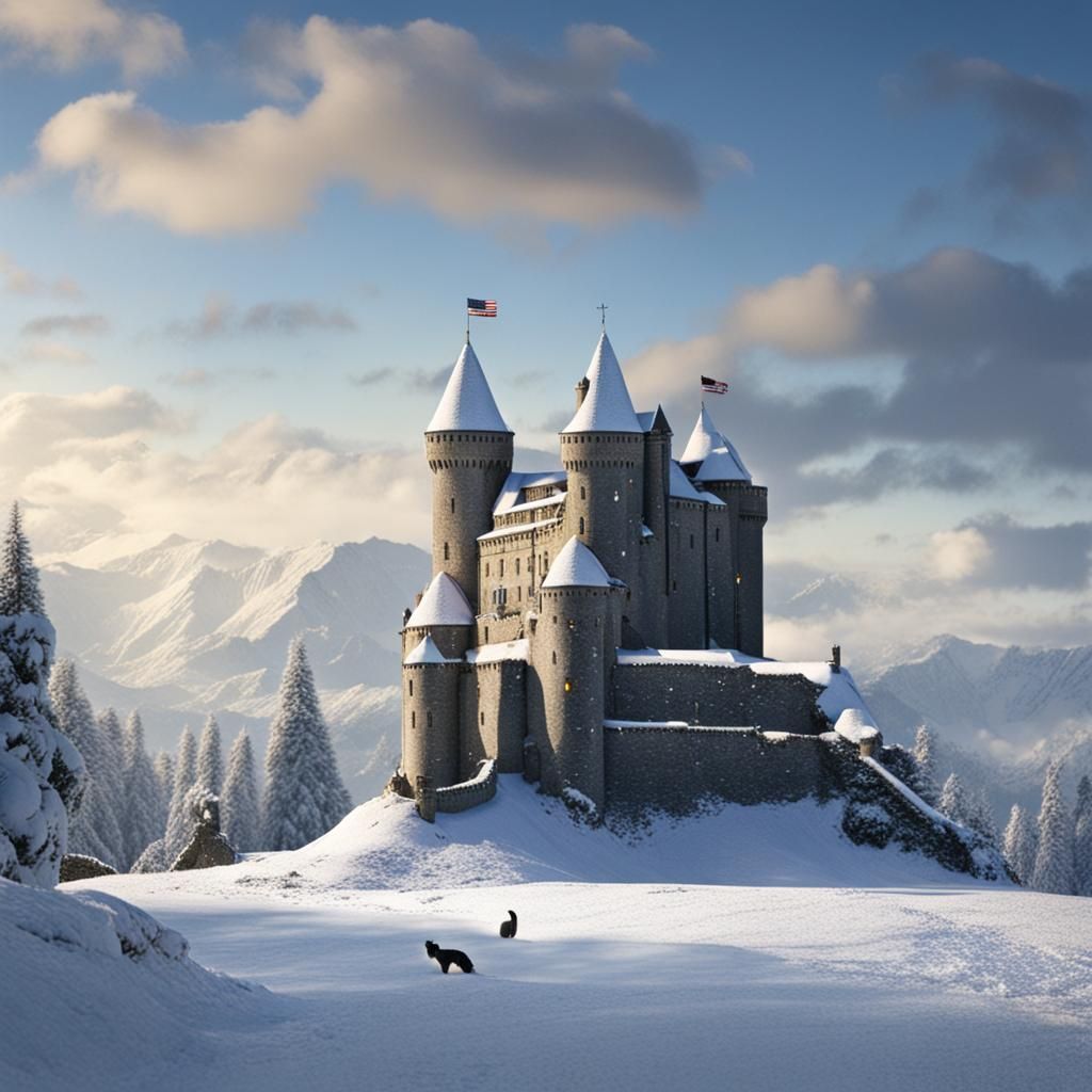 Snowy Castle in Winter Landscape