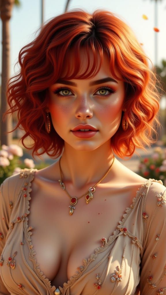 Woman with Curly Red Hair and Silver Eyes in Bohemian Style