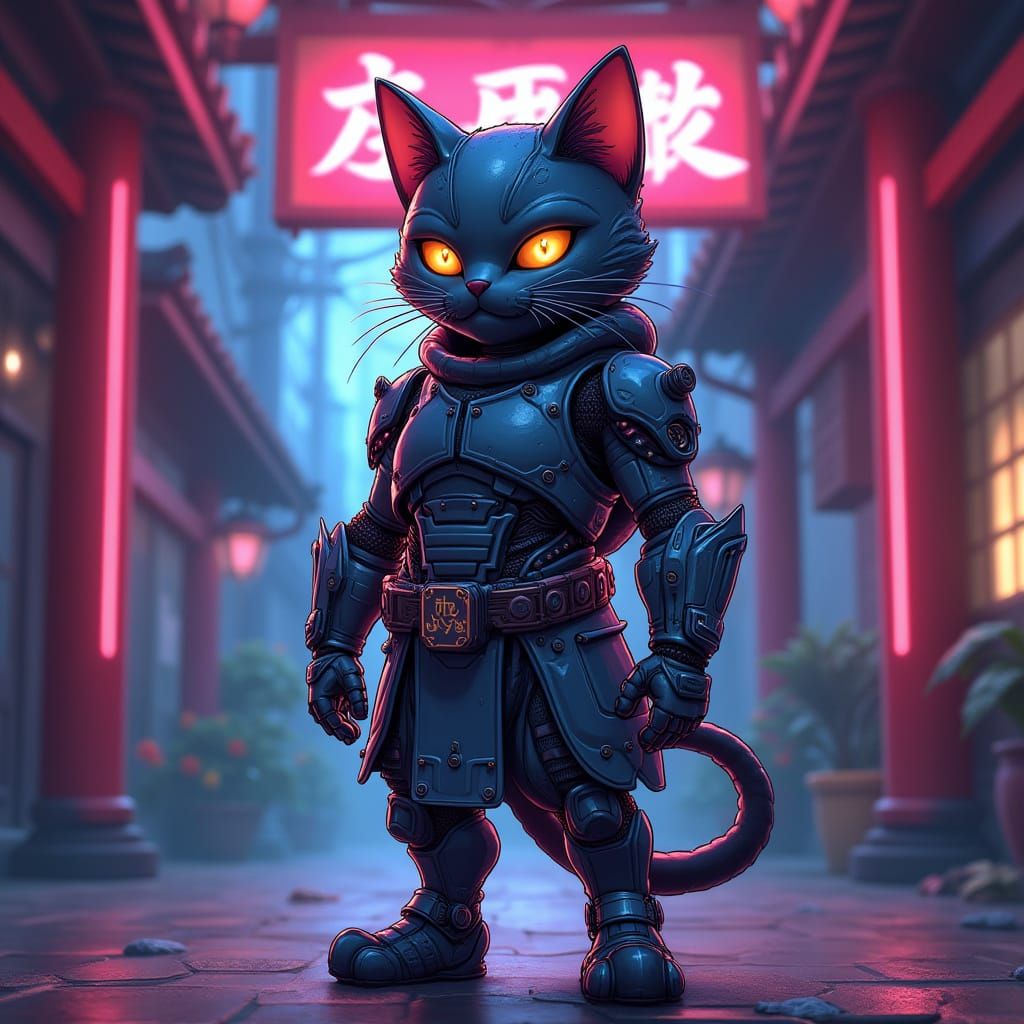 Cybernetic Ninja Cat Guards Cyberpunk Dojo in Cel-Shaded Sty...