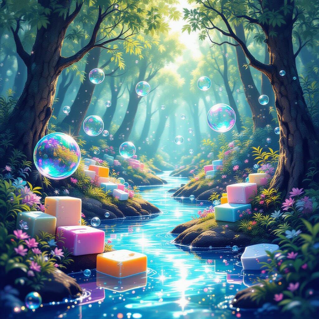 Iridescent Soap Bubble Forest: A Digital Art Landscape