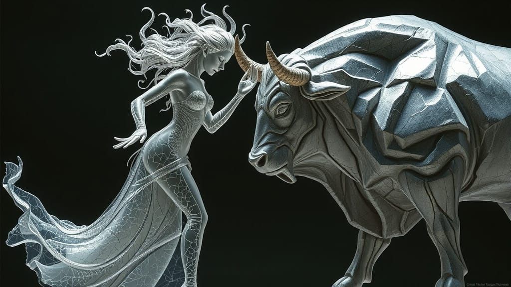 Ethereal Glass Warrior Engages Granite Bull in Frenzied Danc...