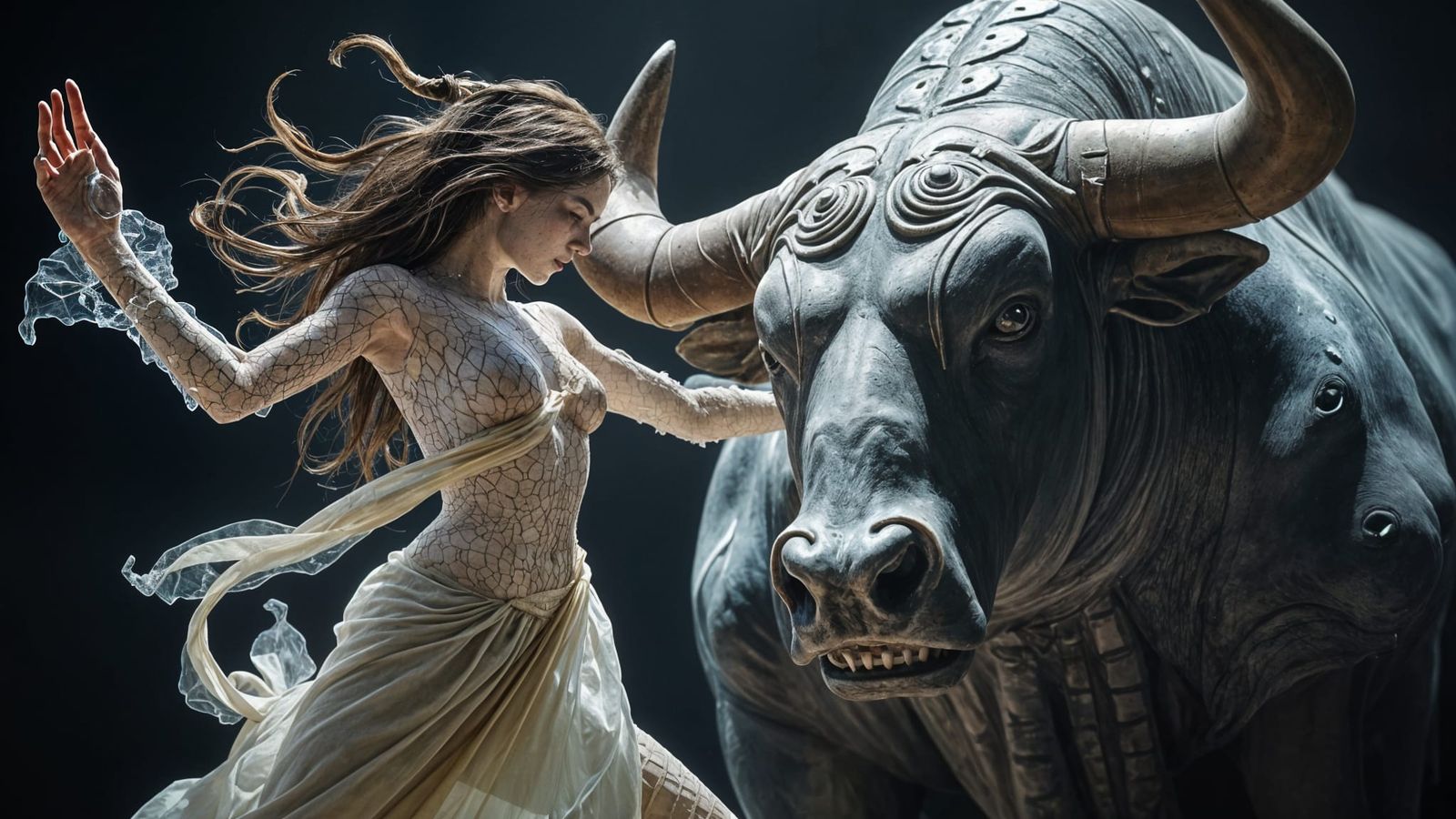 Ethereal Glass Warrior Battles Stone Beast in Surrealist Mas...