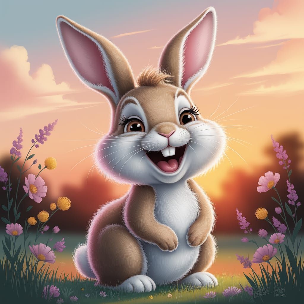 Laughing Bunny in a Sunset Meadow