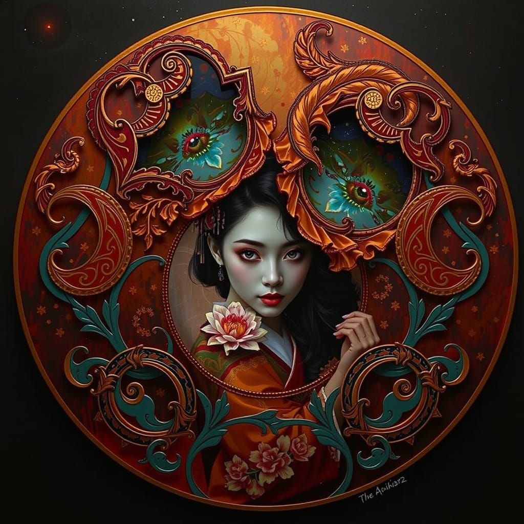 Geisha Portrait Touching Reflection in Cosmic Pond