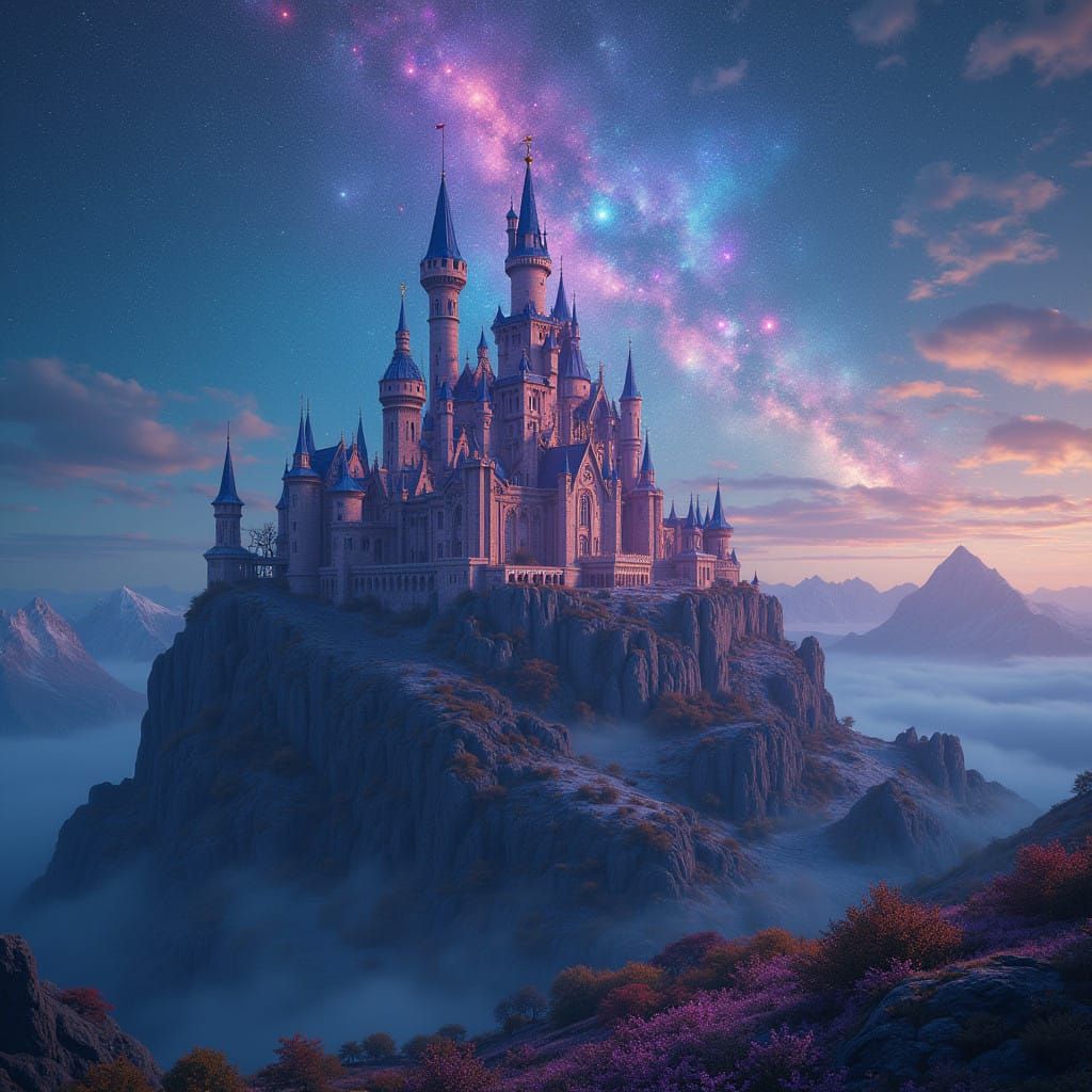 Mystical Castle Amidst Starry Mountainscape in Vibrant, Irid...