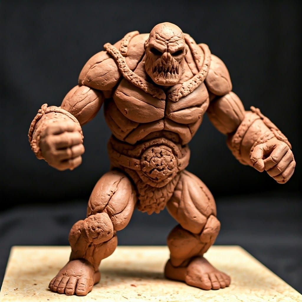Intricately Detailed Clay Golem Figurine in Aggressive Stanc...