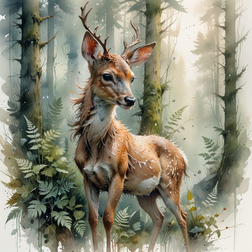 Fawn in Misty Woodland: Watercolor Painting