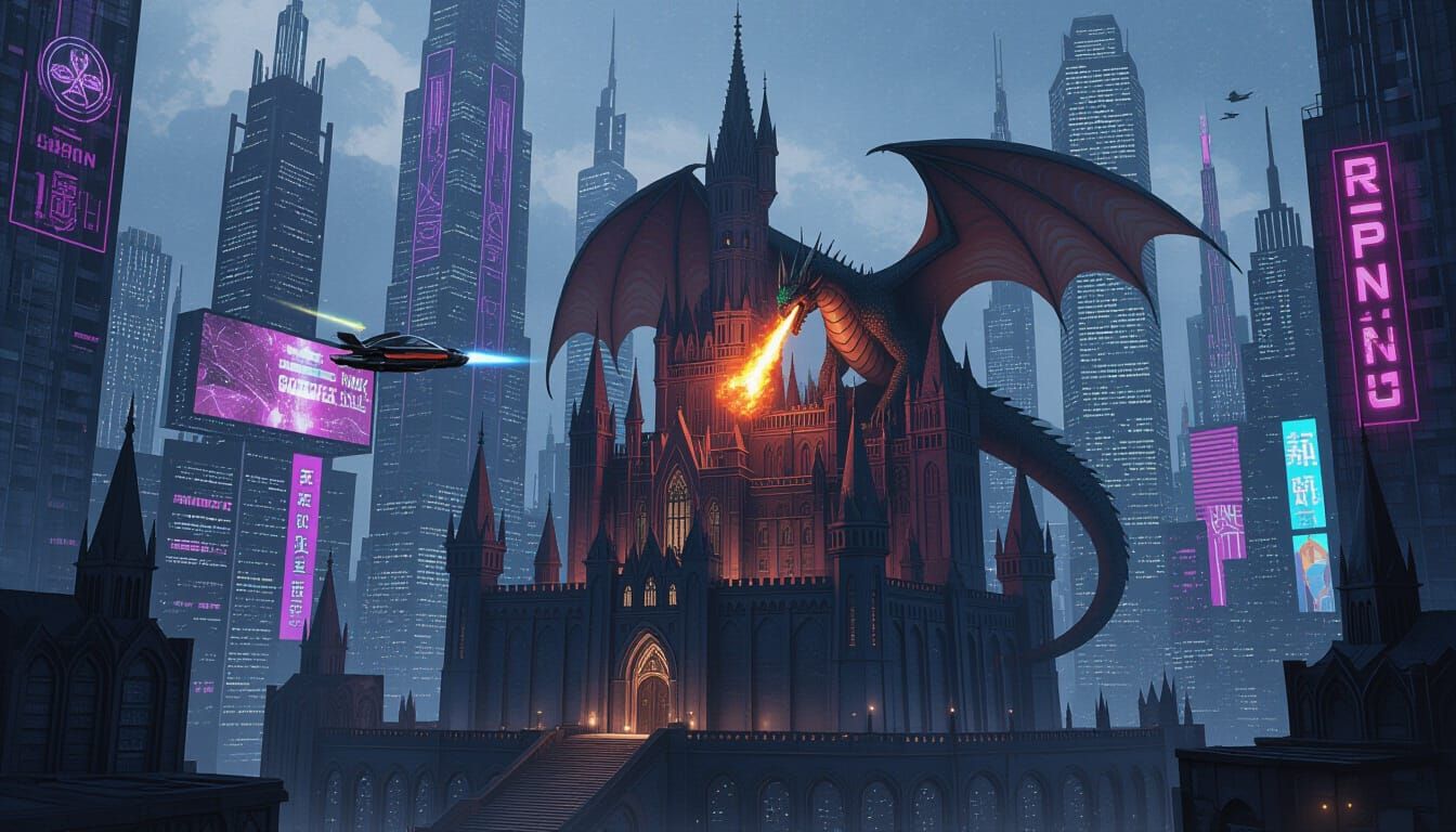 Dragon in Cyberpunk Cityscape Fantasy Castle