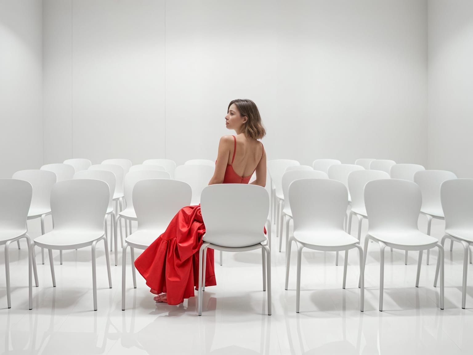 Woman in Red Dress Amidst White Chairs in Minimalist Room