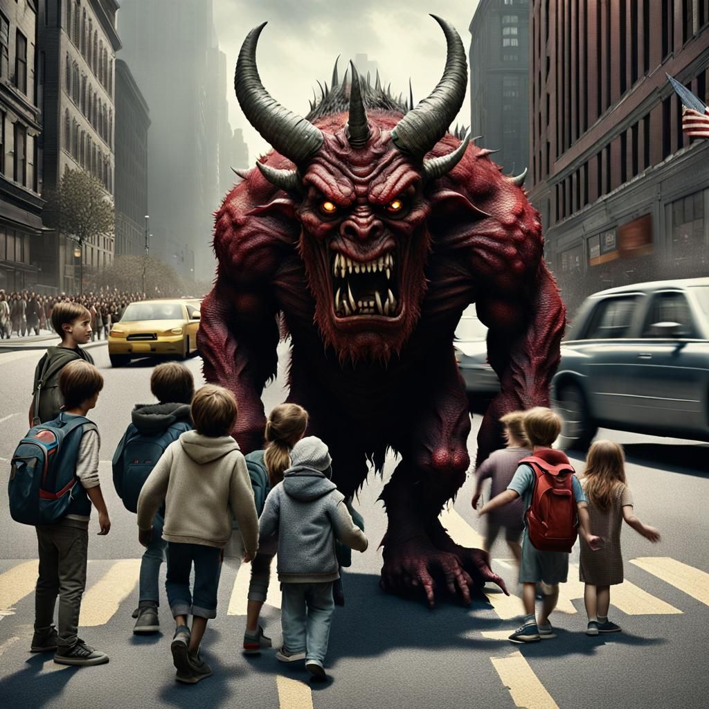 Demon Escorting Children Across City Street