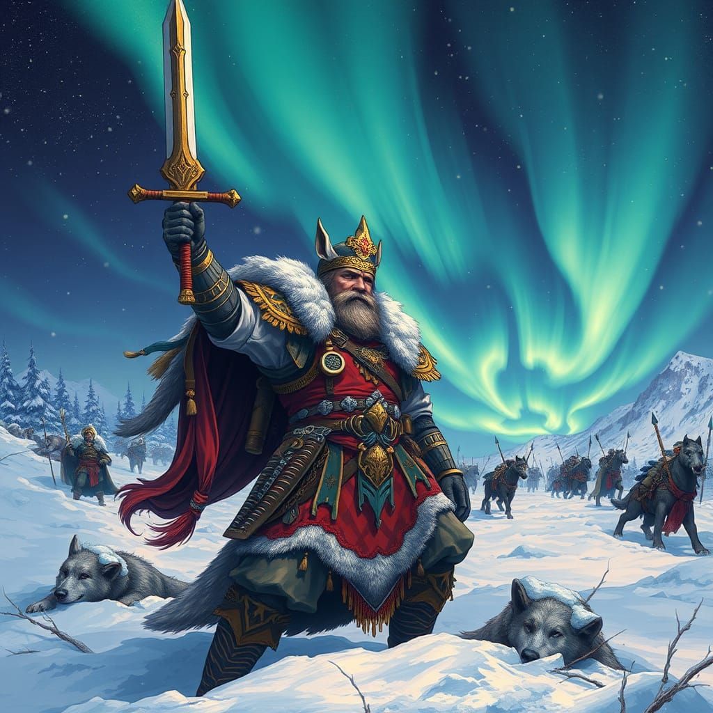 Victorious Armored Volkodav on Snowy Battlefield