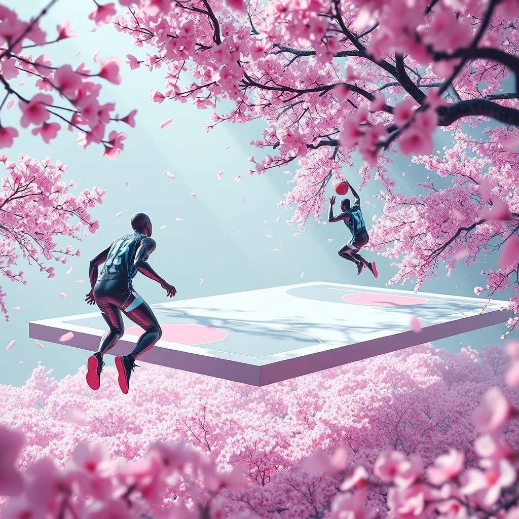 Futuristic Cyberpunk Basketball in Cherry Blossom Dream