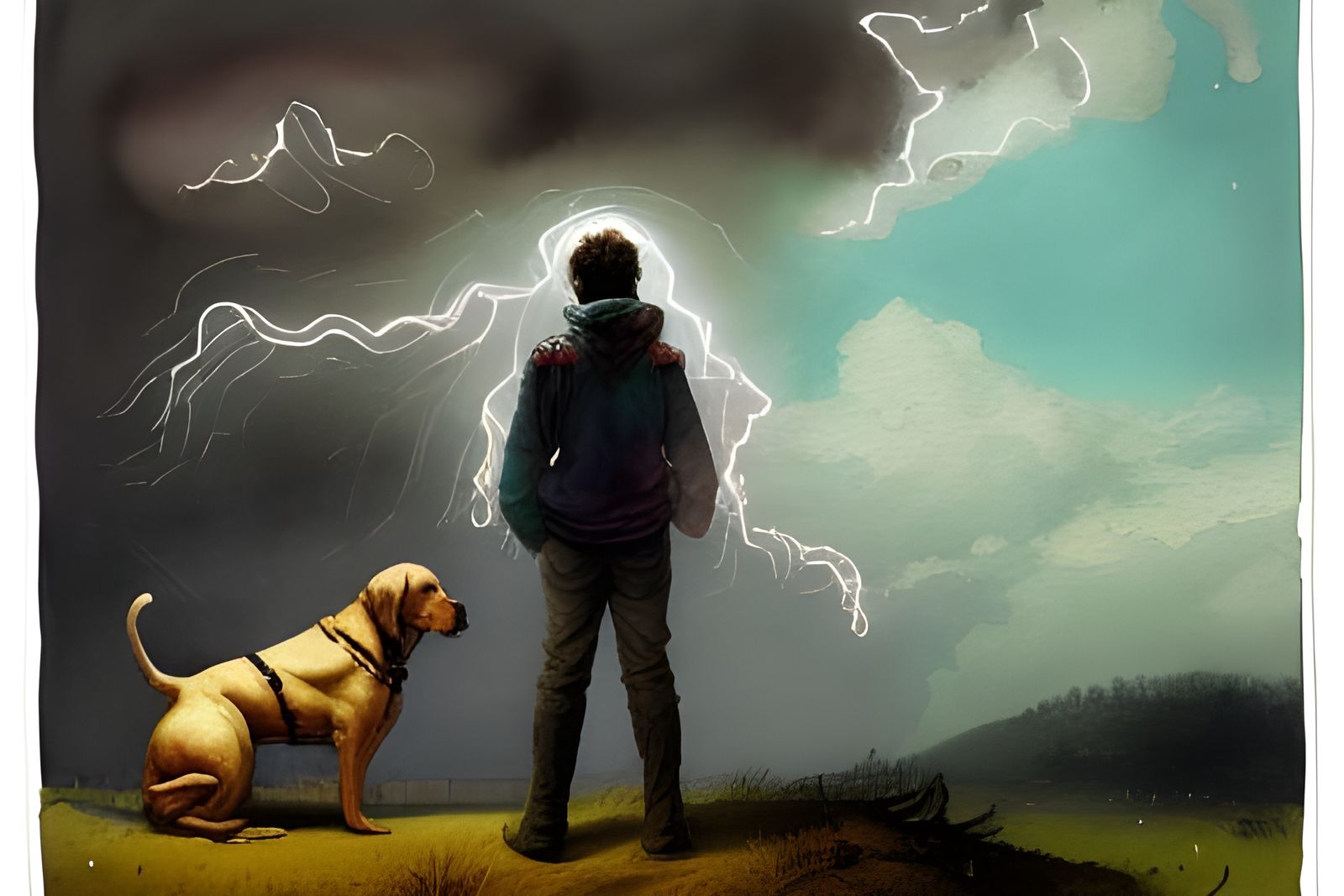 Lonely Boy and Dog Portrait in Watercolor Style
