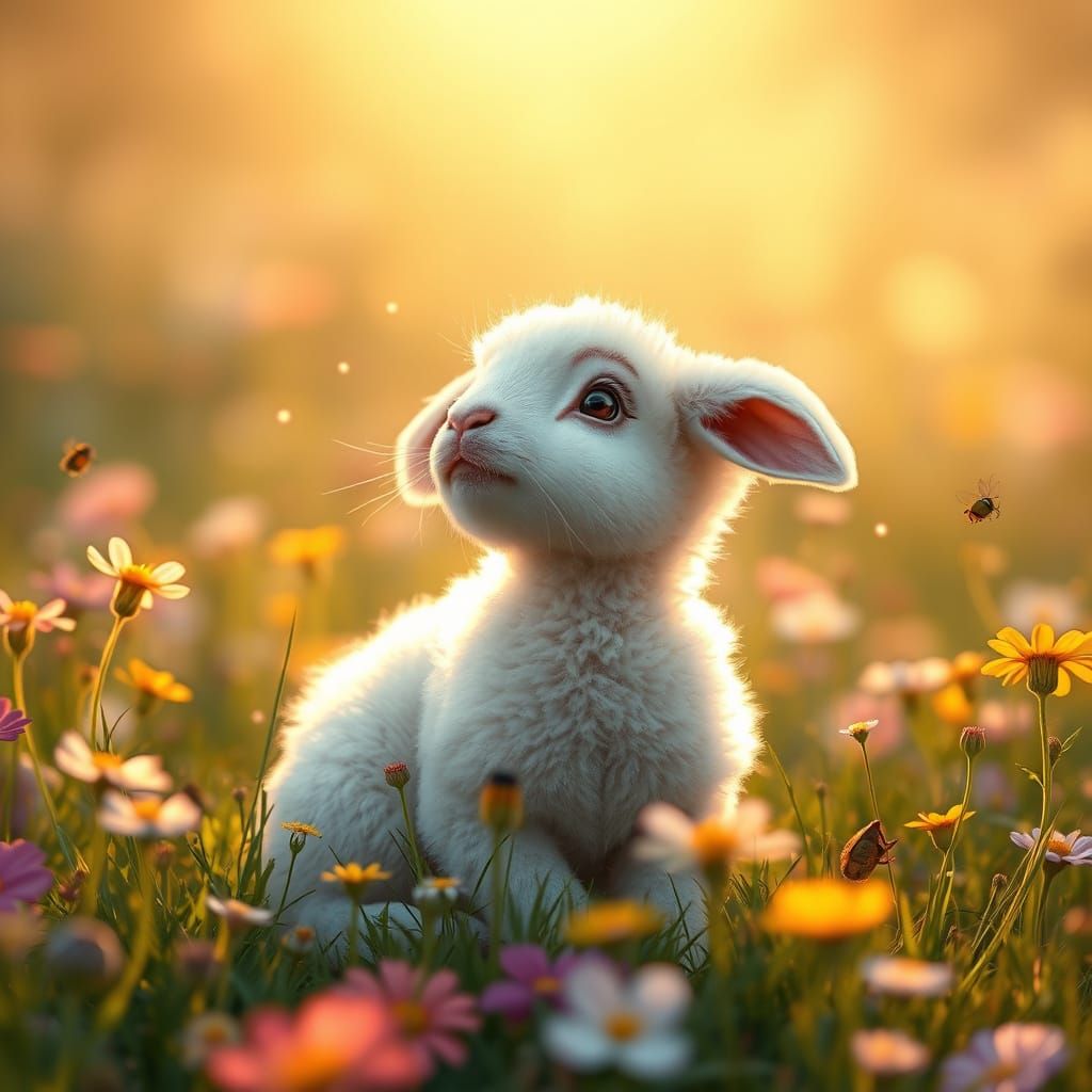 Whimsical Lamb-Bunny Hybrid in a Sun-Drenched Meadow