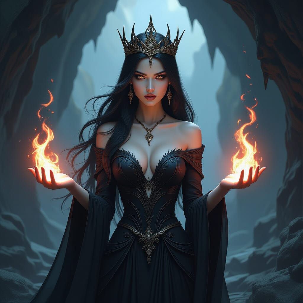 Mystical Witch with Fiery Hands in Dark Cave