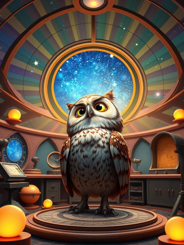 Whimsical Owl's Celestial Observatory in Vibrant Hyper-Reali...