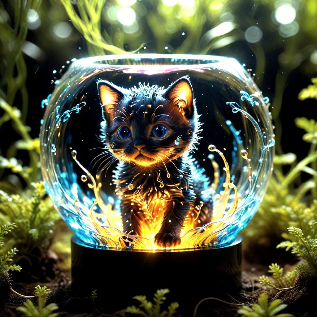 Ferrofluid Kitten in 4D Tesseract of Glowing Light
