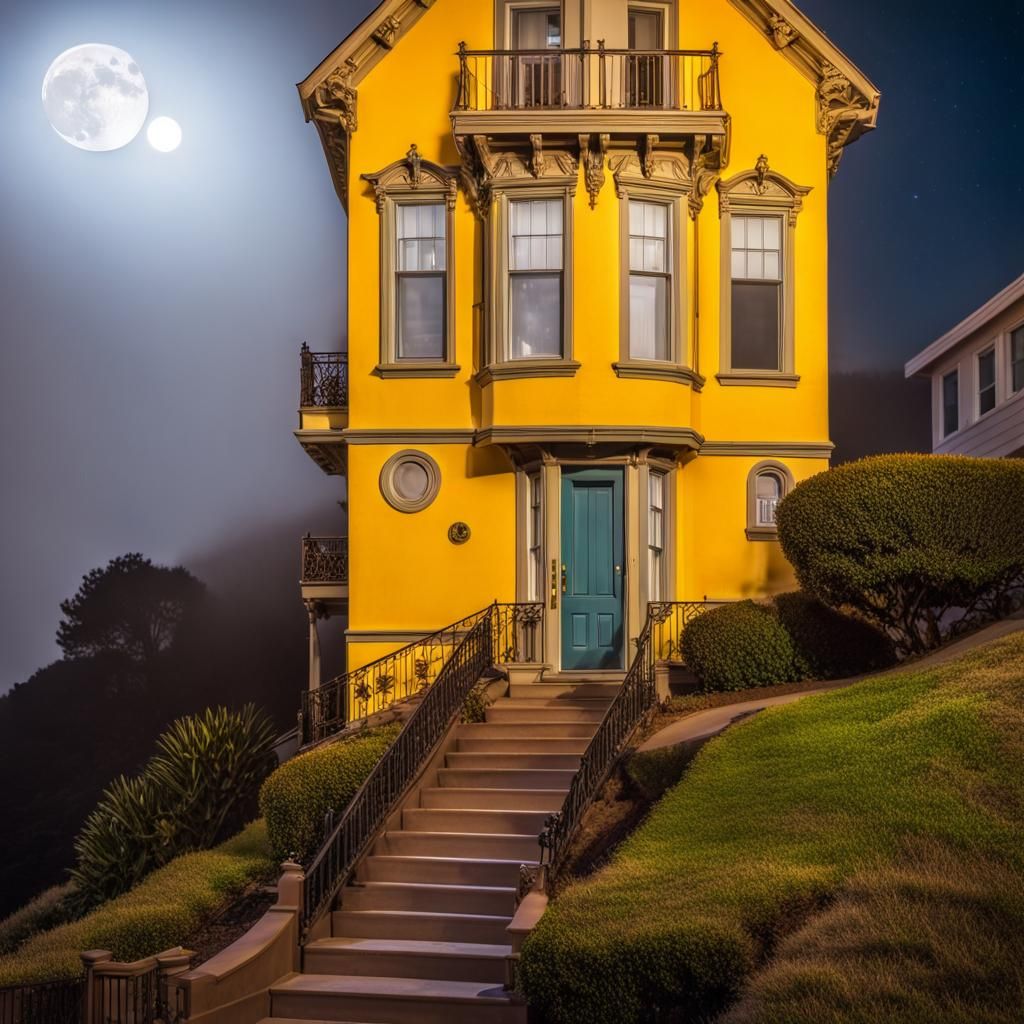 Detailed House in San Francisco Fog at Night