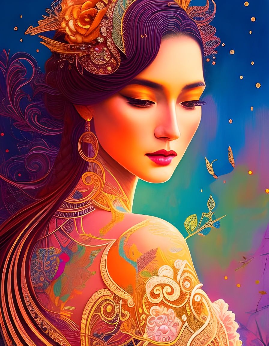 Beautiful Woman at Sunset: Detailed Gouache Painting