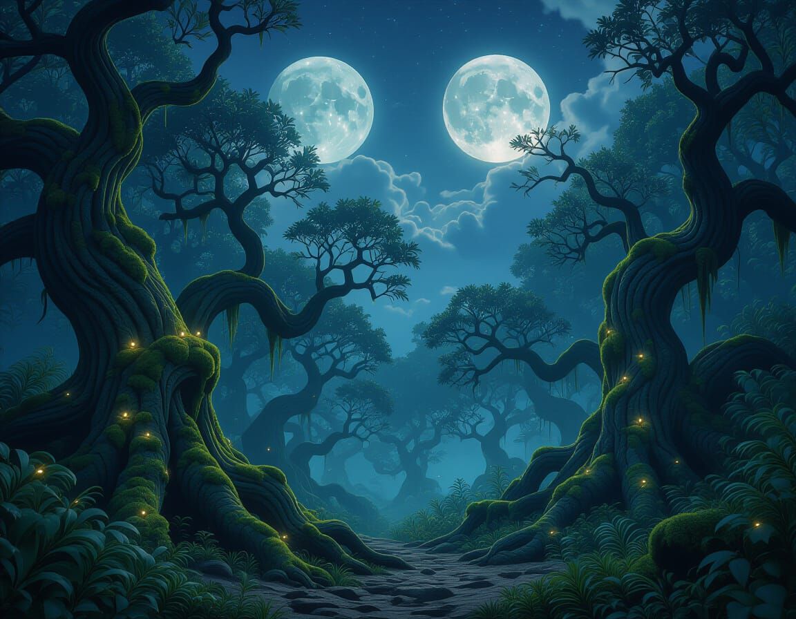 Mystical Forest Under Two Moons