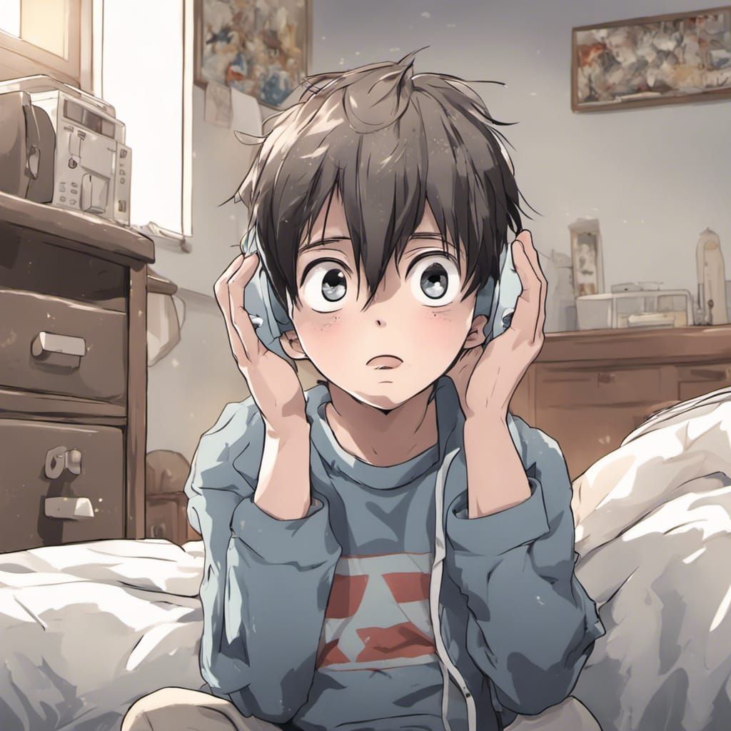 Autistic Boy Reacts to Sound: Anime-Style Portrait