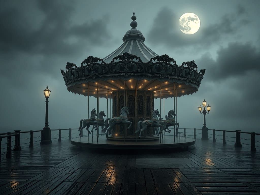Victorian Carousel on Misty Pier Under Spectral Moon