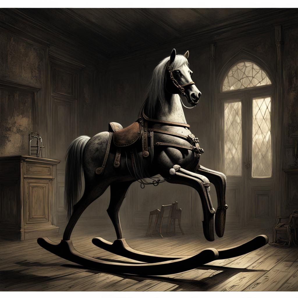 Gothic Rocking Horse in Haunted House, Horror Art