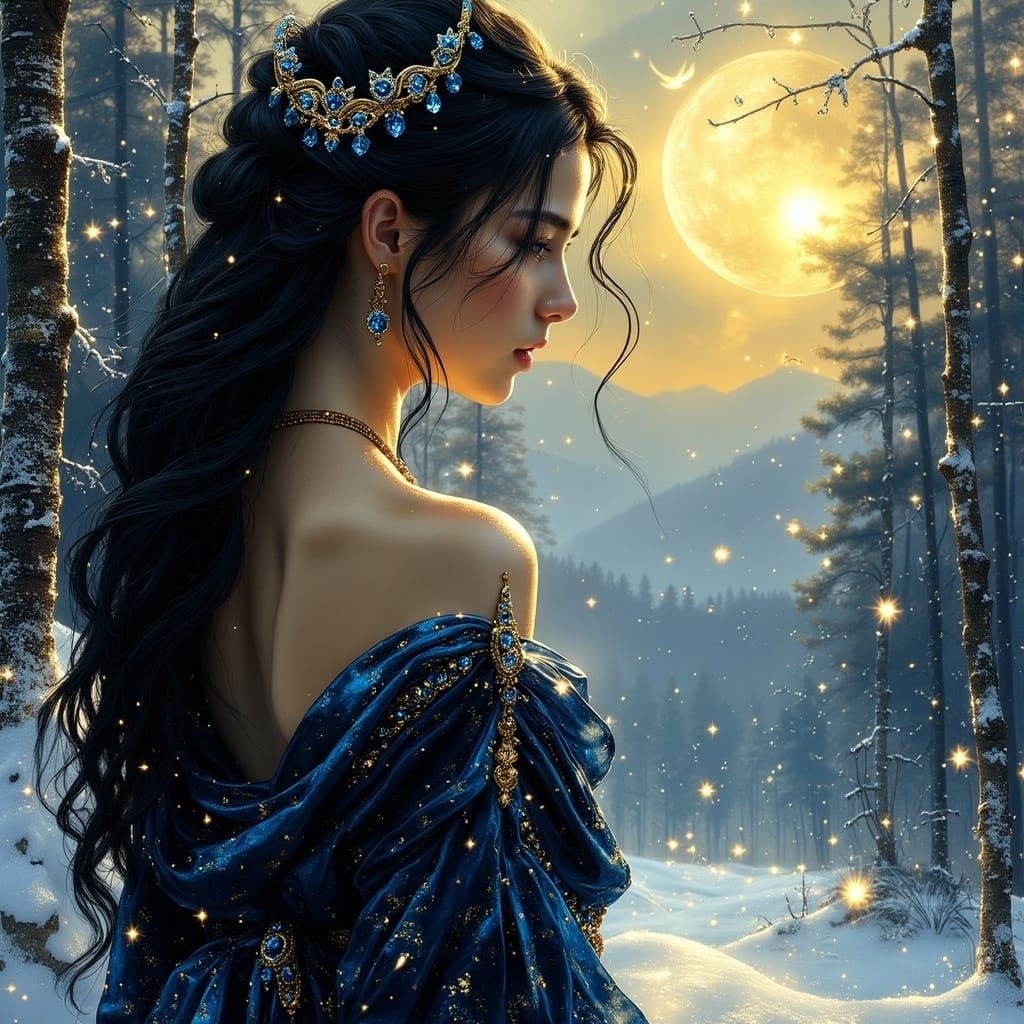 Norse Goddess under Moonlit Skies in Dark, Enchanting Beauty