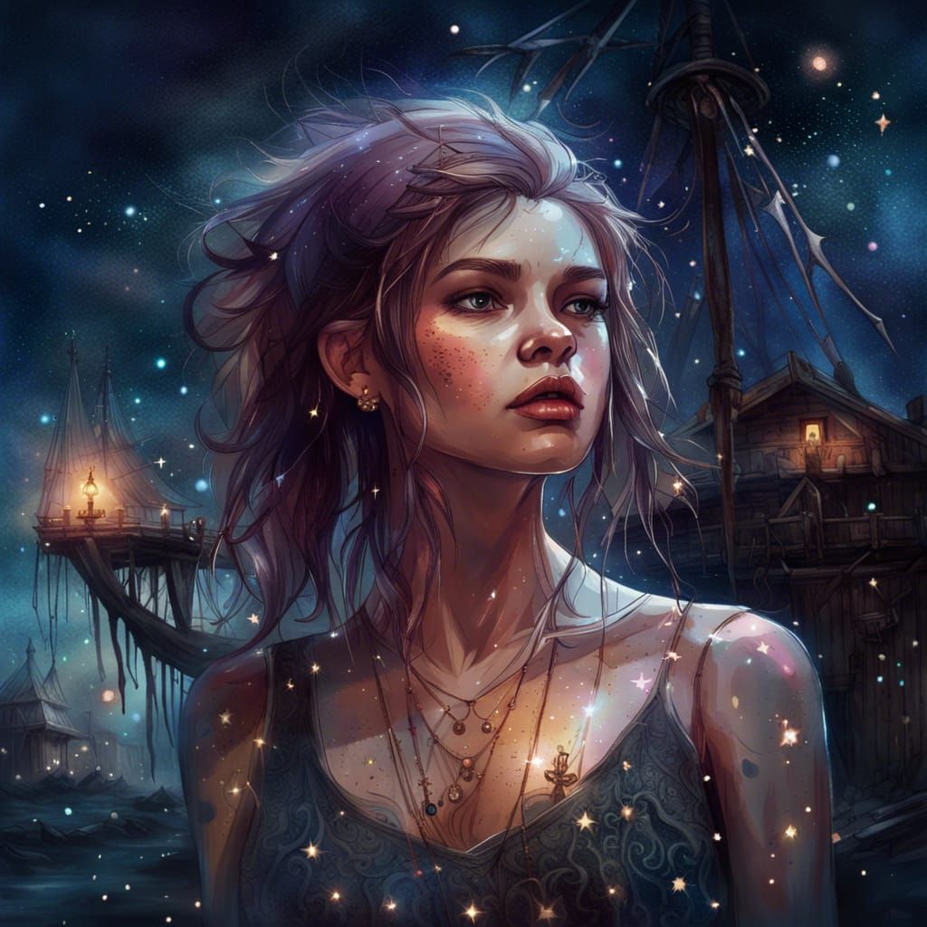 Gothic Pirate Girl at Night, Detailed Concept Art