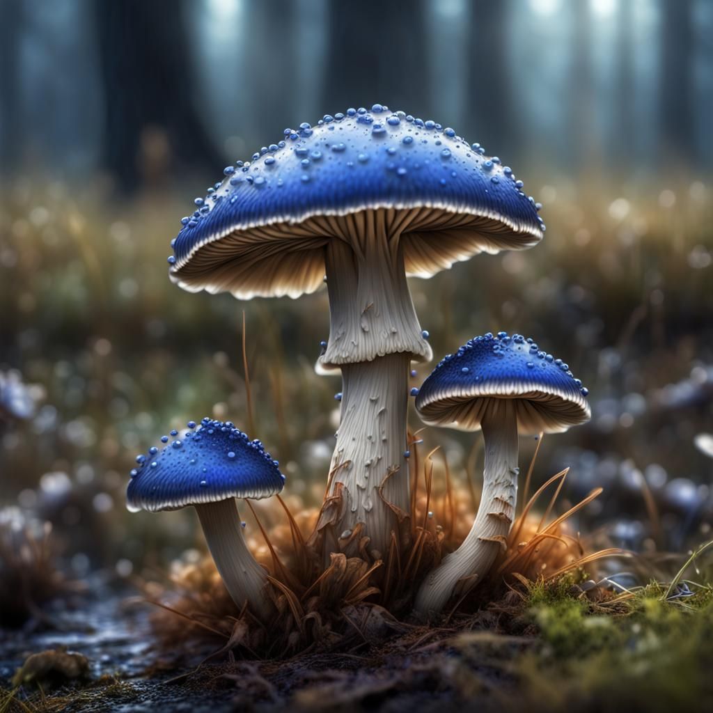 Sapphire Mushroom Field: Hyperrealistic Fantasy Landscape