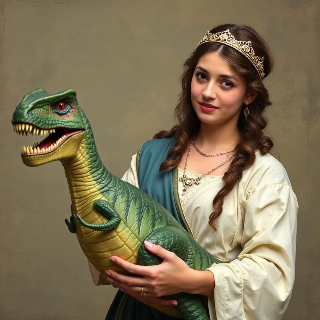 Biblical Woman Holding Dinosaur: Anachronistic Scene
