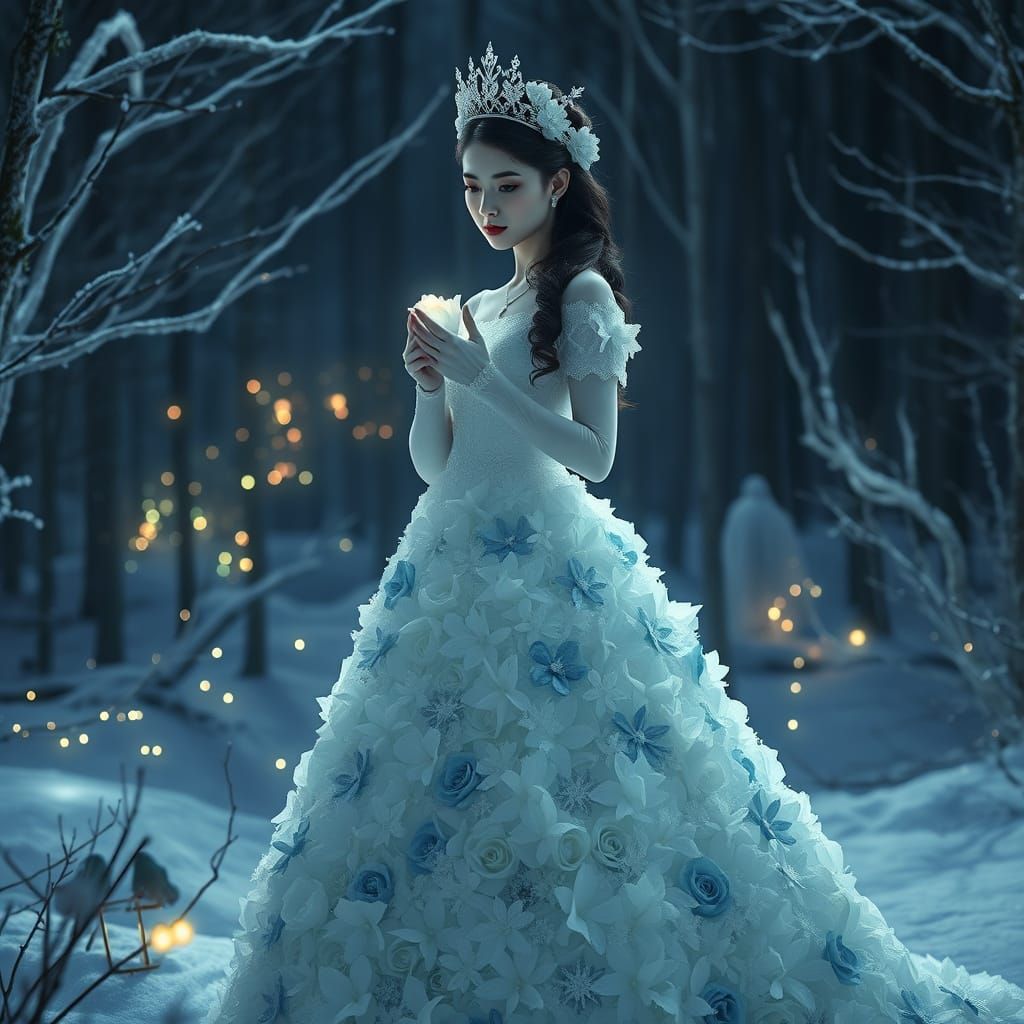 Winter Queen in Frozen Attire with Regal Flower Crown