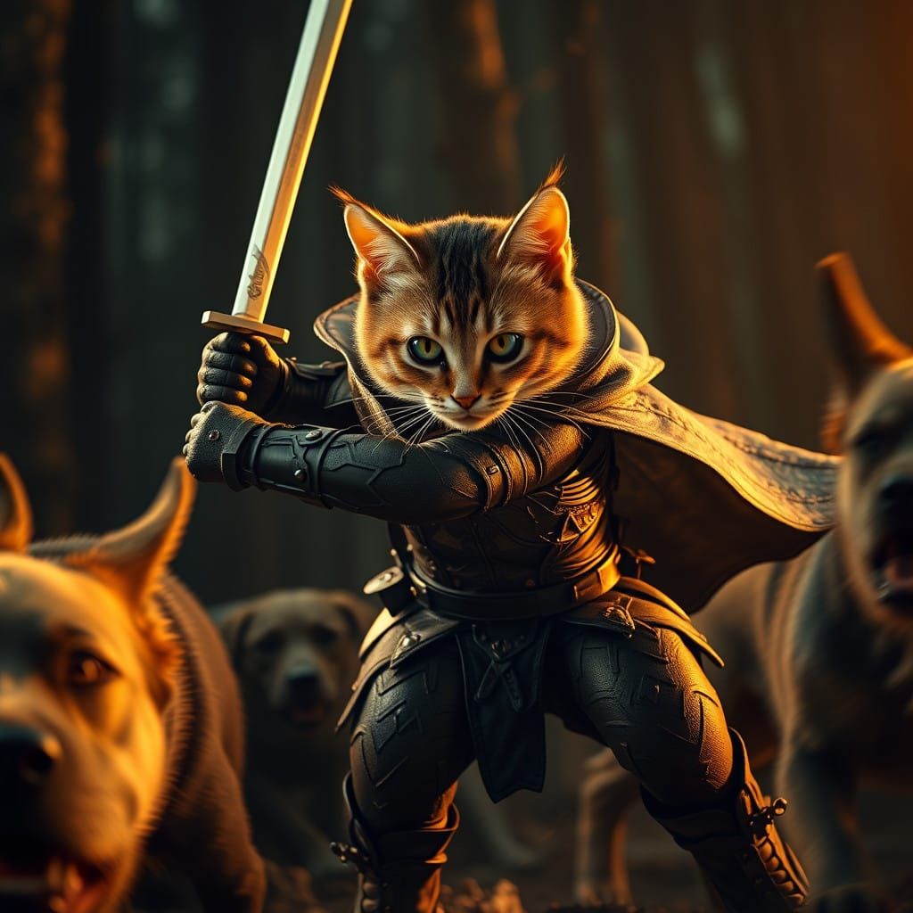 Determined Cat in Boots Battles Fierce Dogs in Dark Fantasy...
