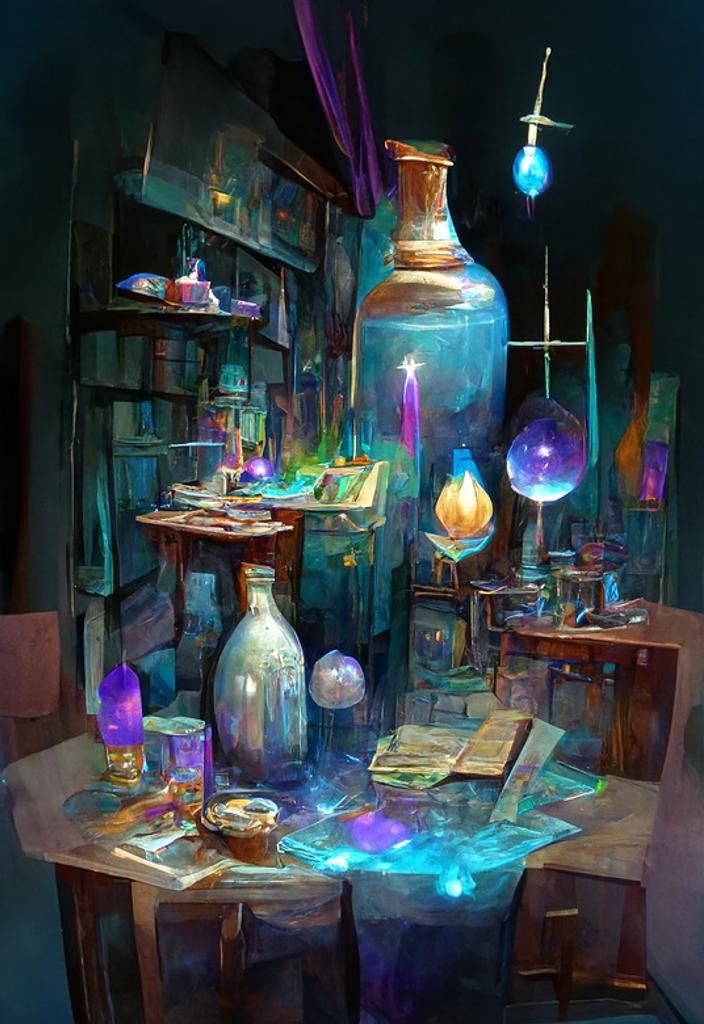 Magician's Workshop with Glowing Potions, Hand-Drawn Cartoon