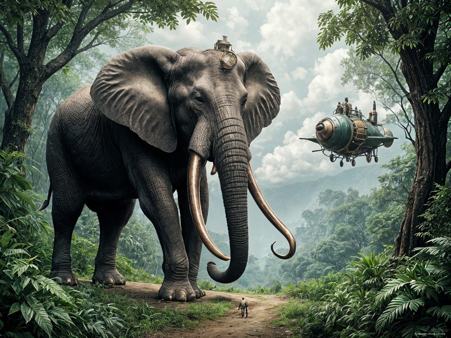 Steampunk Rocket and Elephant in Jungle